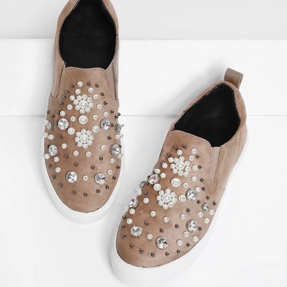 Shoes - Faux Pearl with gemstone detail slip on sneakers